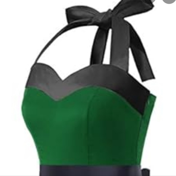 Green Halter Fit & Flare Dress with Contrast Trim - Picture 2 of 8